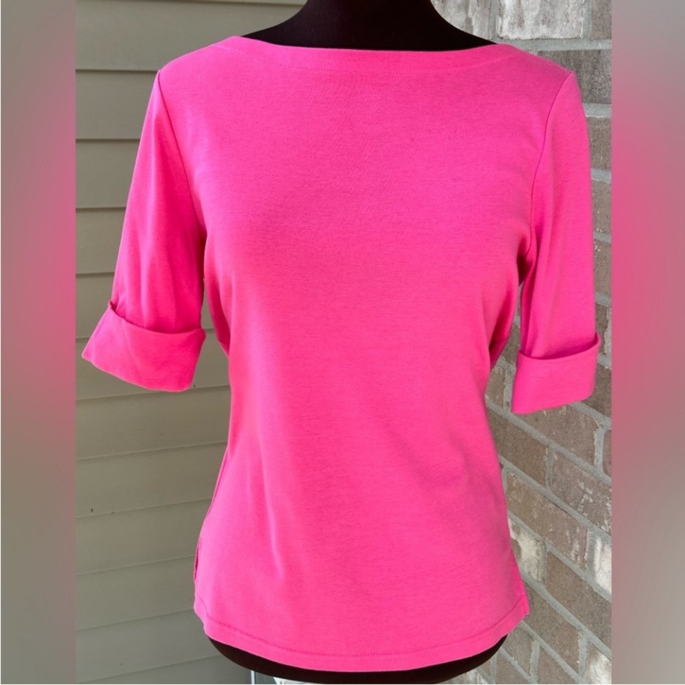 Lauren Ralph Lauren fuscia hot pink boat neck top quarter sleeve size L like new